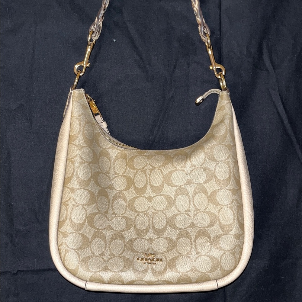 Coach Beige Signature Jacquard Shoulder Bag with Gold Hardware
